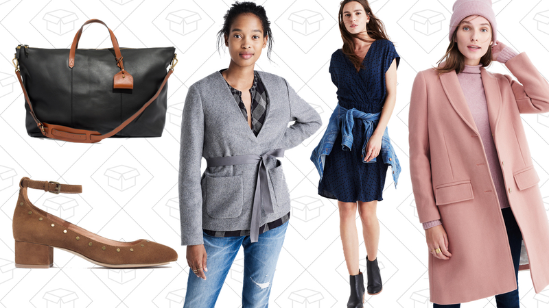 The Transport Weekender, $196 | The Inez Stud Ankle-Strap Shoe, $49 | Carrington Blazer, $77 | Wrap-Front Mini Dress, $49 | Teatro Swing Coat, $140